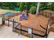 Community playground with colorful equipment and safety fencing adjacent to the pool and tennis courts at 5440 Cameron Forest Pkwy, Johns Creek, GA 30022