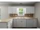 Bright kitchen featuring white cabinets, double stainless steel sink, and mosaic backsplash with natural light at 175 Hearth Way, Fairburn, GA 30213