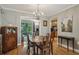 Dining room featuring chandelier, hardwood floors, and access to kitchen at 407 River Mill Cir # 407, Roswell, GA 30075