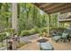 Outdoor patio features lush greenery, seating, and natural stone pavers creating a private outdoor haven at 407 River Mill Cir # 407, Roswell, GA 30075