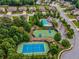 Aerial view of the neighborhood, featuring a community pool, tennis courts, and basketball courts at 211 Parc Dr, Canton, GA 30114