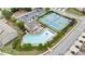 Aerial shot featuring neighborhood clubhouse and pool with tables and lounge chairs at 2647 Sardis Chase Ct, Buford, GA 30519