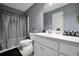Bathroom featuring a tub, a white vanity, and a coordinated black and grey color scheme for a sleek look at 70 Lake Charles Xing, Covington, GA 30016