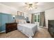 Bedroom with a decorative blue accent wall, neutral walls, carpet flooring, and a ceiling fan at 164 Stoneforest Dr, Woodstock, GA 30189