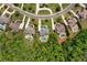 An aerial view of several luxury homes in a suburban neighborhood, each with private pools and meticulously landscaped yards at 2325 Manor Creek Ct, Cumming, GA 30041