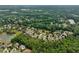 High-angle shot of a neighborhood bordering a lake and forests, emphasizing spacious lots, manicured lawns, and natural beauty at 2325 Manor Creek Ct, Cumming, GA 30041
