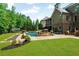 Well-maintained backyard showcases the pool, landscaping, and spacious lawn at 2325 Manor Creek Ct, Cumming, GA 30041