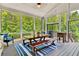 Enjoy the outdoors with this screened porch with wood table, bench, and ceiling fan at 2325 Manor Creek Ct, Cumming, GA 30041
