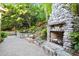 Backyard with a stone fireplace, lush landscaping, and a tranquil pond for relaxation at 3102 Royal Troon, Woodstock, GA 30189