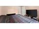 Comfortable bedroom featuring a large television and two convenient closets at 8436 Cyprus Ridge Way, Douglasville, GA 30134