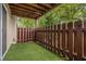 Enclosed patio with green turf, privacy fence, and wood beam ceiling, providing a cozy outdoor space at 502 Brighton Pt, Atlanta, GA 30328