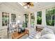 Bright sunroom with vaulted ceiling, neutral decor, and views of the outdoor space at 1018 Layfield Ct, Dunwoody, GA 30338