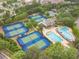 Aerial shot of tennis courts and swimming pools in a community with mature trees at 5650 Buckleigh Pointe, Suwanee, GA 30024
