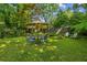 Lush backyard features a dining area, fire pit, and comfortable seating at 608 Sherwood Ne Rd, Atlanta, GA 30324