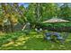 Beautiful backyard with lush greenery, a dining area, and a cozy fire pit at 608 Sherwood Ne Rd, Atlanta, GA 30324