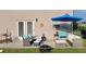 Cozy backyard patio featuring stylish outdoor furniture, a fire pit, and a bright blue umbrella at 4050 Pleasant Woods Dr, Cumming, GA 30028