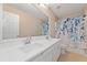 Bright bathroom featuring double sink vanity, large mirror, and tub with stylish blue floral shower curtain at 508 Canton Ct, Canton, GA 30115