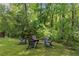 The backyard setting is cozy with comfortable seating and a fire pit, surrounded by lush greenery at 1686 Brooks Farm Nw Dr, Acworth, GA 30101