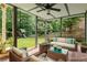 Covered patio with comfortable seating and a beautiful view of the backyard at 4679 Glenshire Pl, Atlanta, GA 30338