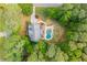 Aerial view of a private backyard oasis with mature trees, pool and manicured landscaping at 1100 Lady Slipper Way, Canton, GA 30115