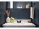 Stylish bathroom featuring dark wainscoting, vessel sink, and modern fixtures, creating a sleek and sophisticated space at 1320 Country Acres Ln, Lawrenceville, GA 30045