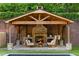 Covered outdoor fireplace, sitting area, pool and landscaped backyard at 5360 Lake Forrest Dr, Atlanta, GA 30342