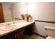 Bathroom featuring single vanity, sink, toilet, and a large mirror at 3436 Finglas Dr, Marietta, GA 30008