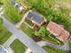 Aerial view of a home with a dark roof, green lawns, and tree-lined street at 720 Belgrave Ln, Tucker, GA 30084
