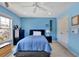 Charming bedroom features light blue walls, carpeted floors, a ceiling fan, and a double bed at 4100 Secret Shoals Way, Buford, GA 30518