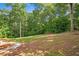 Large backyard with lush green grass, mature trees, and stone and gravel area, offering plenty of space at 7940 Gable Dr, Douglasville, GA 30135