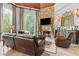 Elegant living room with stone fireplace, wood ceiling, and natural light at 878 Middle Fork Trl, Suwanee, GA 30024