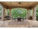 Covered patio with stone flooring, ceiling fan and outdoor dining set at 878 Middle Fork Trl, Suwanee, GA 30024