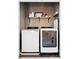 Efficient laundry area with modern washer and dryer, featuring stylish wallpaper and shelving for storage solutions at 1996 Cobblestone Ne Cir, Atlanta, GA 30319