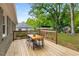 View of the back deck with wood flooring, a dining table set and a view of the green backyard at 2486 Memorial Se Dr, Atlanta, GA 30317