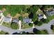 Aerial view of a neighborhood showcasing well-maintained homes and landscaped yards, with lush greenery at 260 Ruby Forest Pkwy, Suwanee, GA 30024