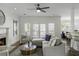 Open living room with a fireplace, hardwood floors, neutral furnishings, ample seating and a breakfast bar at 78 Crumley Se St, Atlanta, GA 30312