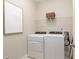 Well-organized laundry room with white washer and dryer, wire shelving, and stylish decor at 714 Chipping Sparrow St, Canton, GA 30115