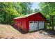 Red two-car garage with white doors and trim, with a small sheltered area attached at 17 Hiram Way, Hiram, GA 30141
