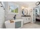 Spa-like bathroom featuring a modern freestanding tub, mosaic tile accents, and ample natural light at 2470 Crimson Downs Dr, Cumming, GA 30040