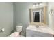 Bathroom featuring a toilet, sink with vanity, large mirror and wall mounted towel rack at 210 Wentworth Ter, Alpharetta, GA 30022