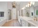 A spacious bathroom showcases double vanities, a separate tub, and a glass shower with stylish modern lighting at 3235 Munsey Ct, Cumming, GA 30041