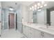 Bright bathroom with double vanity, blue and white striped wallpaper, and modern fixtures at 3235 Munsey Ct, Cumming, GA 30041