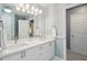 A bright bathroom featuring a dual sink vanity, large mirror, and white cabinetry at 3235 Munsey Ct, Cumming, GA 30041