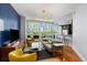 Bright living room with a blue accent wall, comfortable seating, and a view of the city skyline at 1080 Peachtree Ne St # 608, Atlanta, GA 30309