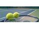 Tennis balls rest on a tennis racket against the backdrop of a well-maintained tennis court, ready for a match at 1316 Village Brook Drive, Dacula, GA 30019
