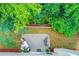 Aerial view of backyard with patio, outdoor seating, and lush green landscaping at 2725 Sedgeview Way, Buford, GA 30519