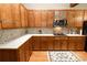 Close up of kitchen with wood cabinets, tile backsplash, and tile counter tops at 8315 Nicholson Rd, Cumming, GA 30028
