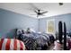 Bedroom with neutral blue walls, carpet, and a ceiling fan for added comfort at 105 Olde Mill Ln, Norcross, GA 30093