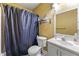 Bathroom with black shower curtain, toilet, mirror and white vanity at 120 Aspen Forest Dr, Covington, GA 30016