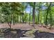 Beautiful backyard features a fire pit area surrounded by wooden chairs, lush trees, and a tranquil pond at 6520 Glen Pond Trce, Cumming, GA 30028